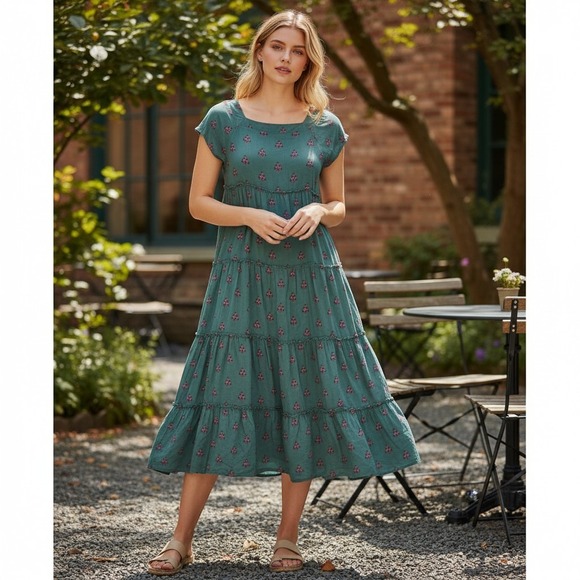 NATURAL LIFE Dresses & Skirts - Natural Life dress oversized S green floral tiered boho peasant midi dress HH